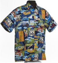 Blue Route 66 Hawaiian Shirt- Made in USA- 100% Cotton